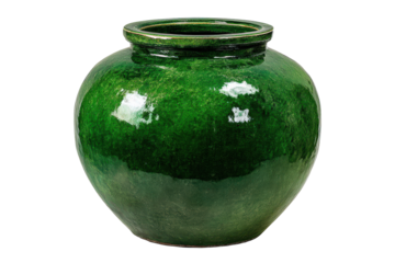 Vintage round green glazed ceramic pottery jar isolated.