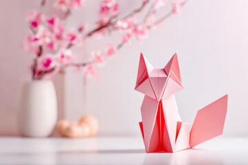 Artistic origami fox sculpture with a cherry blossom arrangement in the background