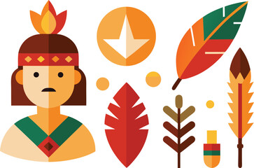 Indigenous peoples day flat vector icons collection feathers native american illustration