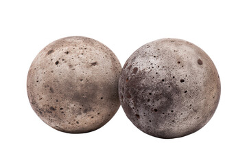 Two gray spherical celestial bodies resembling small moons or planets with cratered surfaces.