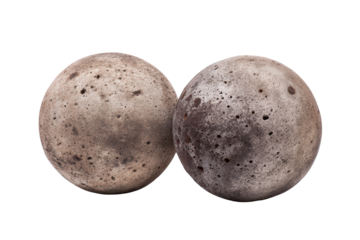 Two gray spherical celestial bodies resembling small moons or planets with cratered surfaces.