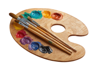 Wooden artist's palette with colorful paint and paintbrushes