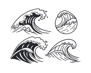 Naklejka premium Stylized Ocean Waves Collection Set Vector Illustration Graphic Design Element Nautical Theme Artistic Line Art Drawing for Prints and Web Design