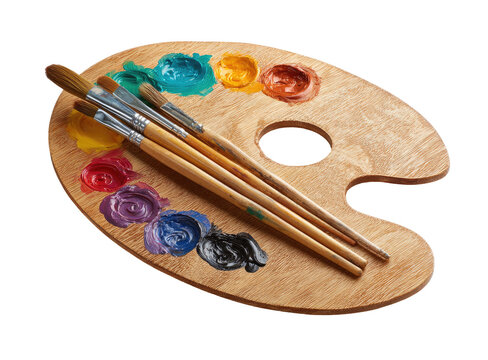 Wooden artist's palette with colorful paint and paintbrushes - Powered by Adobe