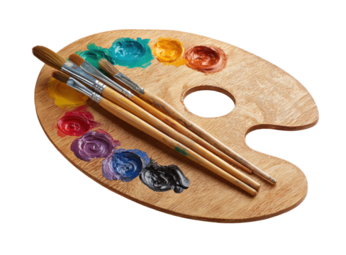 Wooden artist's palette with colorful paint and paintbrushes
