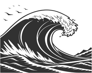 Dramatic Ocean Wave Cresting with Birds Flying Overhead in Graphic Black and White Illustration Design for Creative Projects