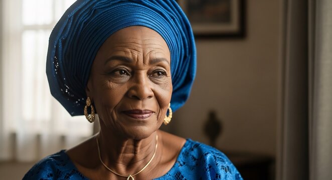 Elegant senior African woman portrait. Use for Nigerian culture, heritage month, black history, diversity, motherhood, beauty, retirement, or feminine empowerment concepts.