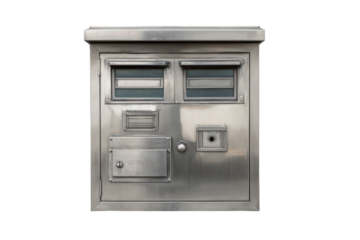 Modern stainless steel wall mounted mailbox isolated on white background.