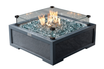Modern square outdoor gas fire pit with glass wind guard isolated on white.