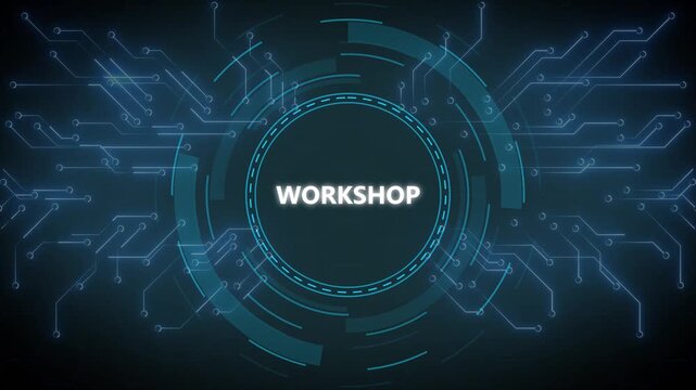 Animated workshop logo with circuit board design and glowing blue lines