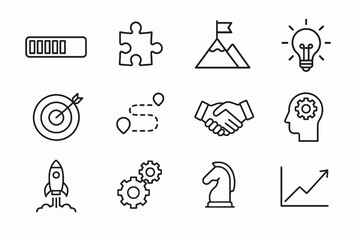 Innovation simple icon set. Thin line icons of growth, roadmap, planning, handshake, achievement and ideas. Modern minimal vector collection.