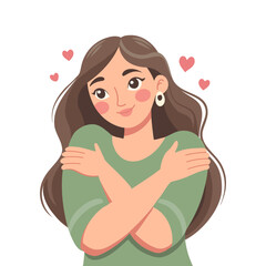 Cute girl hugging herself. Self love concept. Love yourself. Illustration.