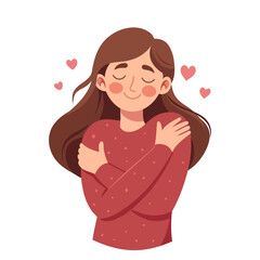 Cute girl hugging herself. Self love concept. Love yourself. Illustration.