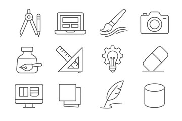 Design icon set. Thin line UI icons. Includes rulers, book, origami, gallery frame, editing wand and brush stroke. Modern editable vector pack for designers.