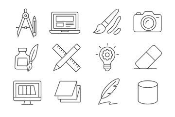 Design icon set. Thin UI icons. Contains such symbols as pen tablet, brush, printer, vector tool, magic wand, paint tube, clipboard. Minimalist vector stroke. Creative modern icon collection.