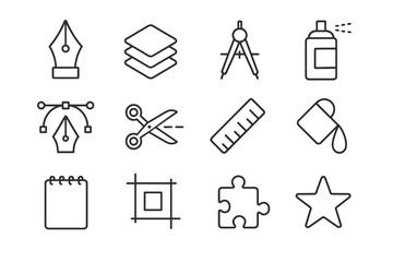 Design icon set. Thin UI icons. Contains such symbols as pencil, palette, idea, pen tool, computer, brush, cube, tablet. Minimalist vector stroke. Creative modern icon collection.