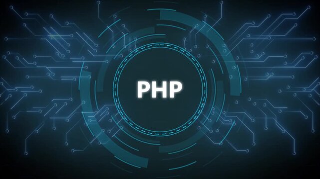 Animated PHP programming language text in digital circuitry blue background
