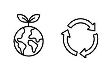 Outline eco icons showing planet Earth with leaf and recycling circle. Thin line editable stroke style for green design and sustainability resources.