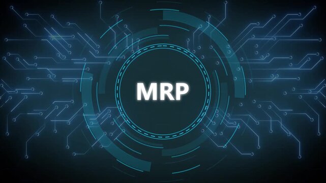 Futuristic digital display with the MRP abbreviation and circuitry background in blue