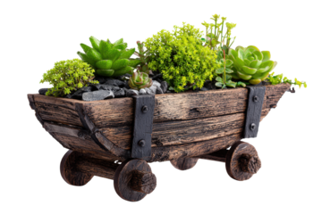 Rustic wooden cart planter filled with assorted green succulents.