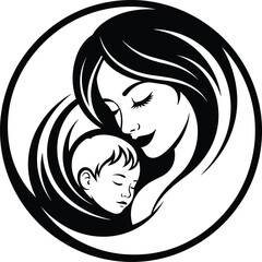 Silhouette of Woman Cradling Sleeping Child – Black and White Vector for Motherhood, Family Love, Care, Emotion, and Bonding Themes