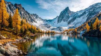 Naklejka premium Serene mountain lake surrounded by autumn trees and towering snowy peaks