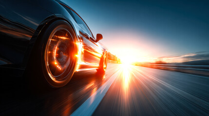 High-speed sports car racing on an open road at sunset