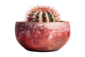 Small barrel cactus with vibrant red spines in a rustic pot.