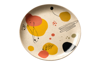 Colorful abstract modern art design on a round ceramic plate.