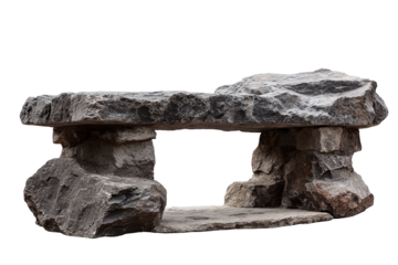 A rustic stone bench made from natural grey rocks.