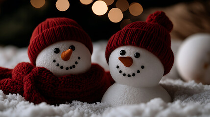 Festive snowmen wearing red knit hats and carrot noses, nestled in fluffy snow against a backdrop of soft, glowing holiday lights.