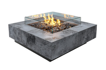 Modern Square Stone Gas Fire Pit with Flames and Glass Guard.