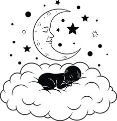Sleeping Baby Silhouette on Cloud with Crescent Moon and Stars in Dreamy Night Sky Vector for Nursery and Sleep Themes