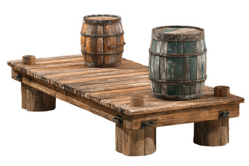 Old wooden pier with two weathered barrels isolated on white.