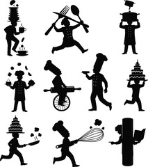 Chef with oversized utensils, cooking, serving, whisking, baking cake, juggling food, carrying dishes, and reading recipes in a fun kitchen scene.