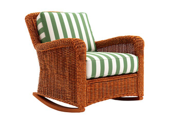 Classic brown wicker rocking chair with green striped cushions.