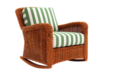 Classic brown wicker rocking chair with green striped cushions.