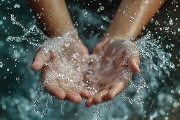 Fototapeta premium Child hands outstretching to catch sparkling water droplets in a playful summer moment