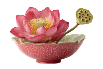 Pink lotus flower and seed pod in a decorative ceramic bowl.