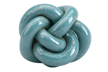 Stylish glossy teal decorative knot sculpture isolated on white.