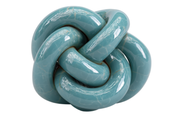 Stylish glossy teal decorative knot sculpture isolated on white.
