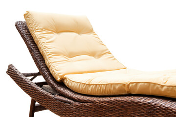 Elegant brown wicker chaise lounge with a soft beige cushion.