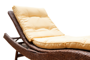 Elegant brown wicker chaise lounge with a soft beige cushion.