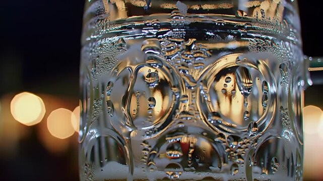 Cold beer stein with condensation dripping down dimpled glass, out-of-focus tent lights creating beautiful bokeh effect.