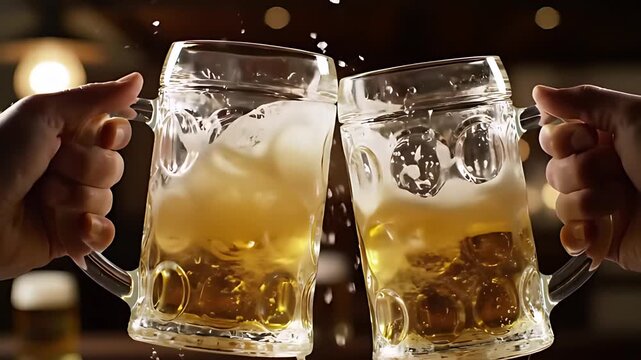 Powerful slow motion of heavy dimpled glass beer steins clinking in a festive prost toast, with beer splashing from the forceful impact.