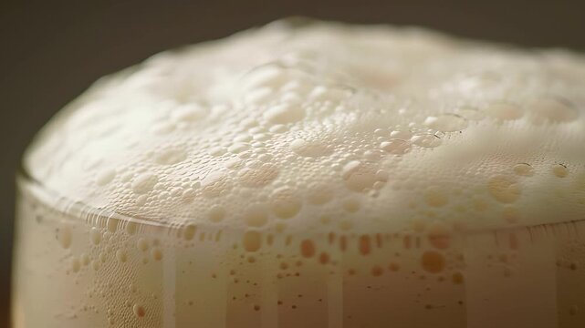 Close-up slow motion shot of a thick, creamy beer foam head with tiny bubbles popping, highlighting its rich texture.
