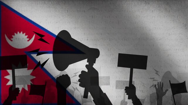 People protesting in Nepal concept 4K Animation with Waving Flag and shapes. Protest, people, public, issues, social media.