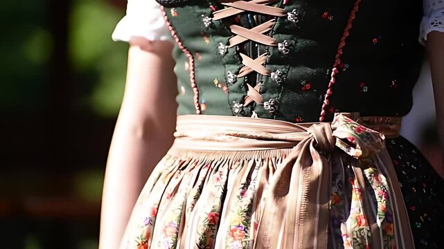 Intricate colorful details of a traditional dirndl dress, focusing on the apron bow, bodice lacing, and delicate lace blouse.
