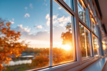 Sunset view through a window with autumn colors