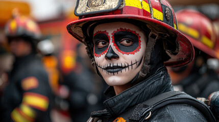 Firefighter in full gear with helmet, wearing black and red D&iacute;a de los Muertos face paint, symbolizing Mexican cultural celebration and tradition